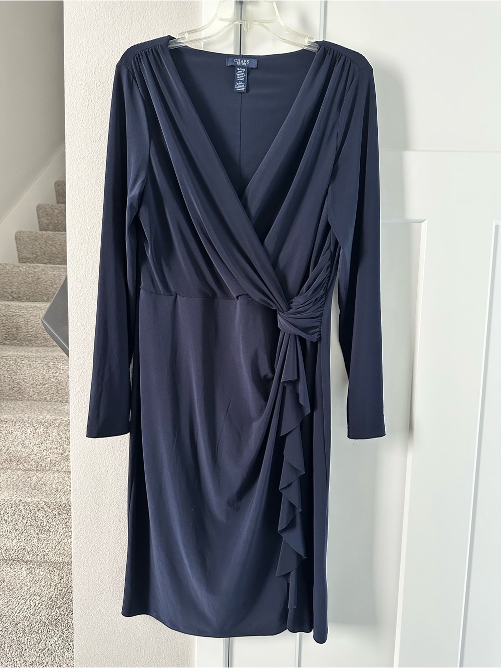 Chaps Navy Long Sleeve Faux-Wrap Ruffle Dress size XL